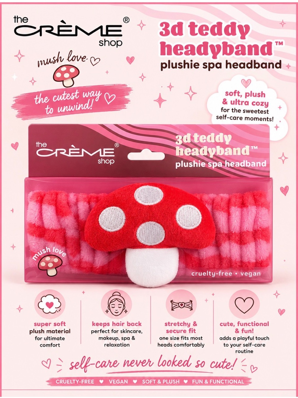 The Crème Shop Pink 3D Teddy Mushroom Plushie Spa Headband - Mush Love 🍄